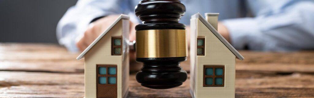 Martelo do juiz entre duas casas separadas sobre a mesa, representando a divisão de bens em um divórcio. Separação e empresa: como proteger os bens do negócio em caso de divórcio.